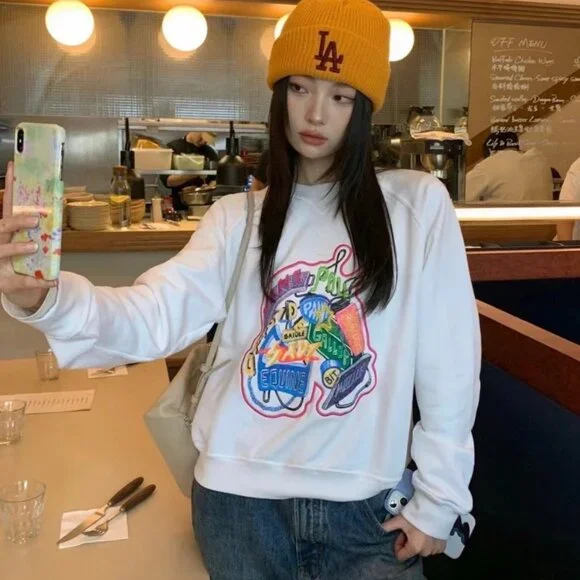 J19247 Hermes White graffiti letter embroidered cotton round neck long-sleeved s